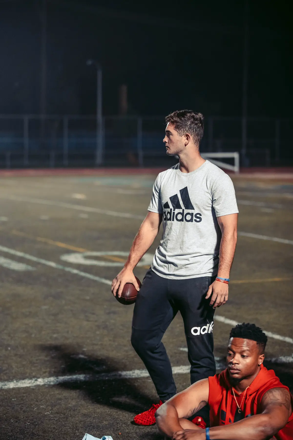 Athlete holding the ball, waiting on the next take