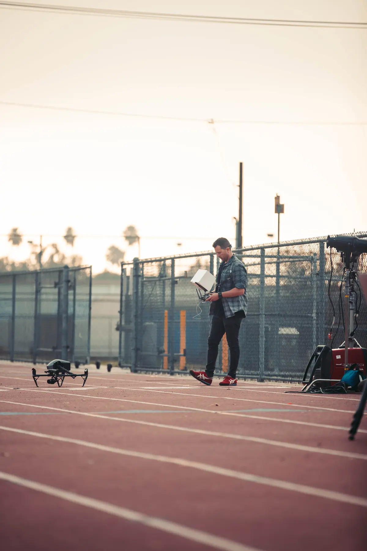 Drone on the track ready to launch for an aerial pass