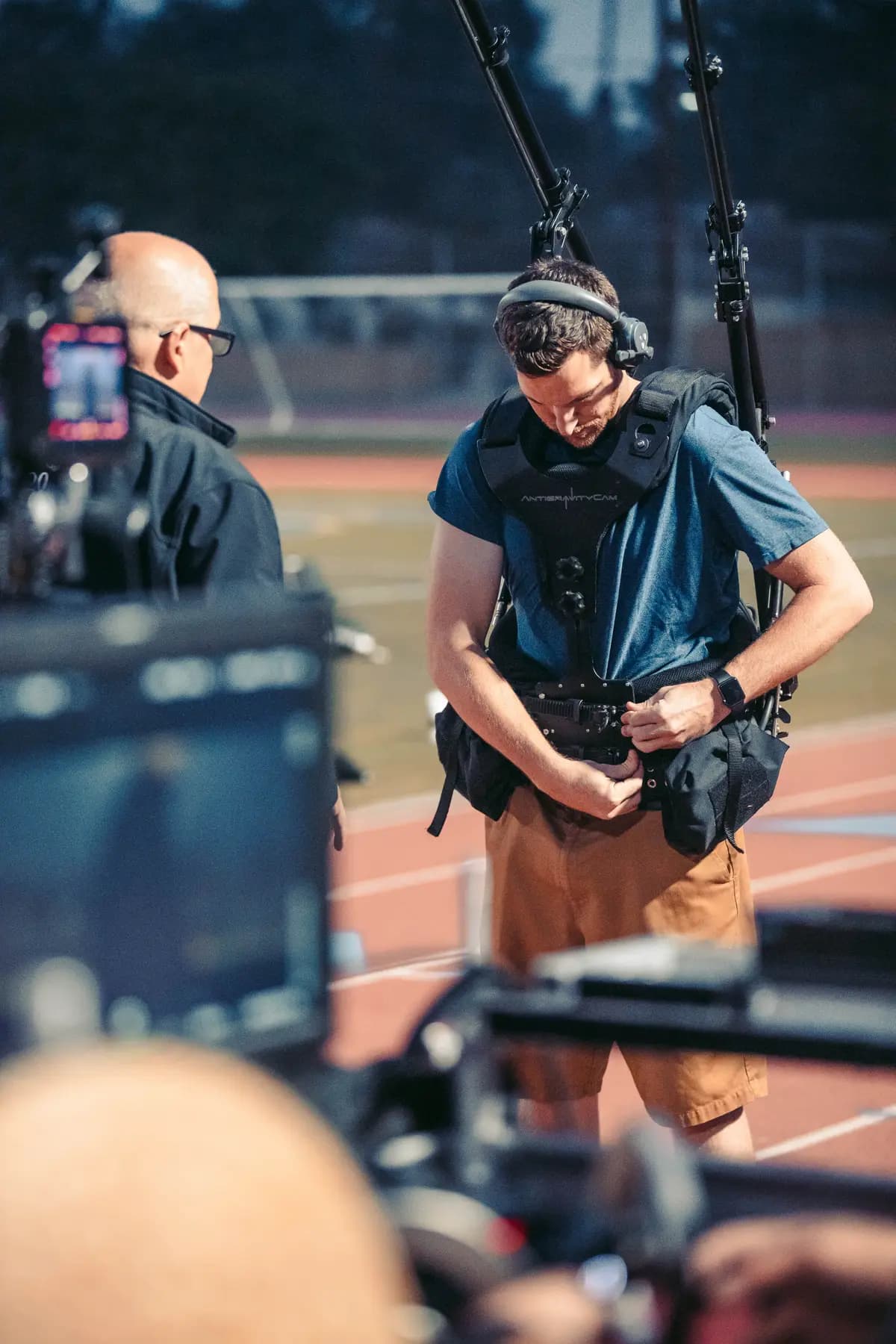 Camera operator rigged into a stabiliser vest