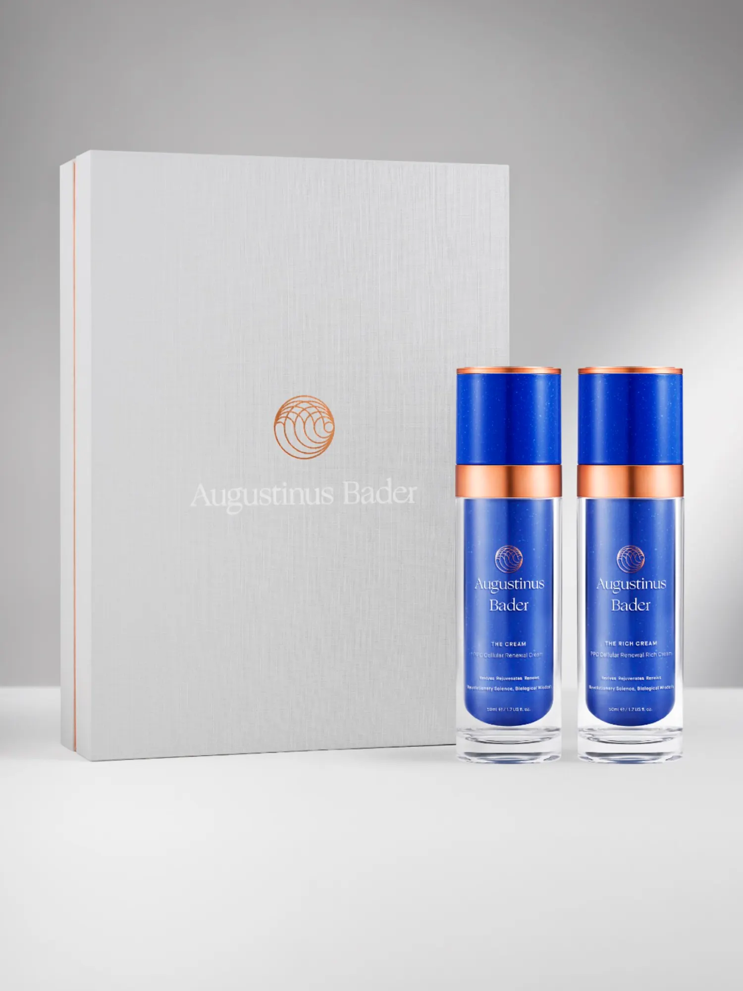 Linen presentation box with both bottles standing in front of it