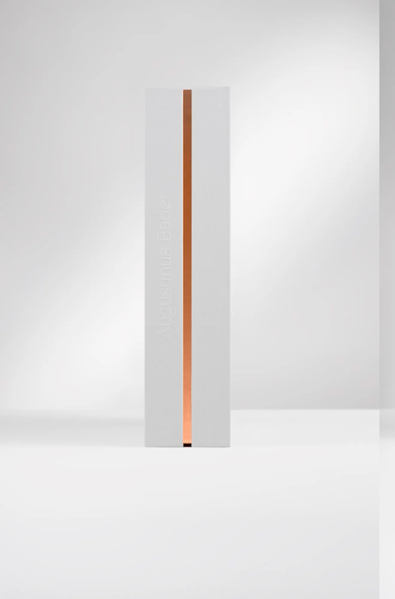 Slipcase standing edge-on, copper spine catching the light
